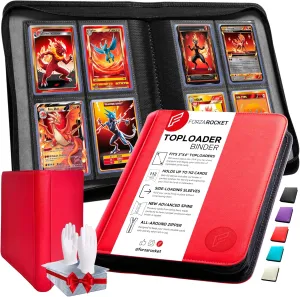 FORZAROCKET 4 Pocket Toploader Binder, Holds 112 Top Loaders, 8 INCLUDED, Waterproof PU Leather, Archival Safe Pockets, Compatible with Sports, Trading Cards in 3"x4" Toploaders (Lava Red)