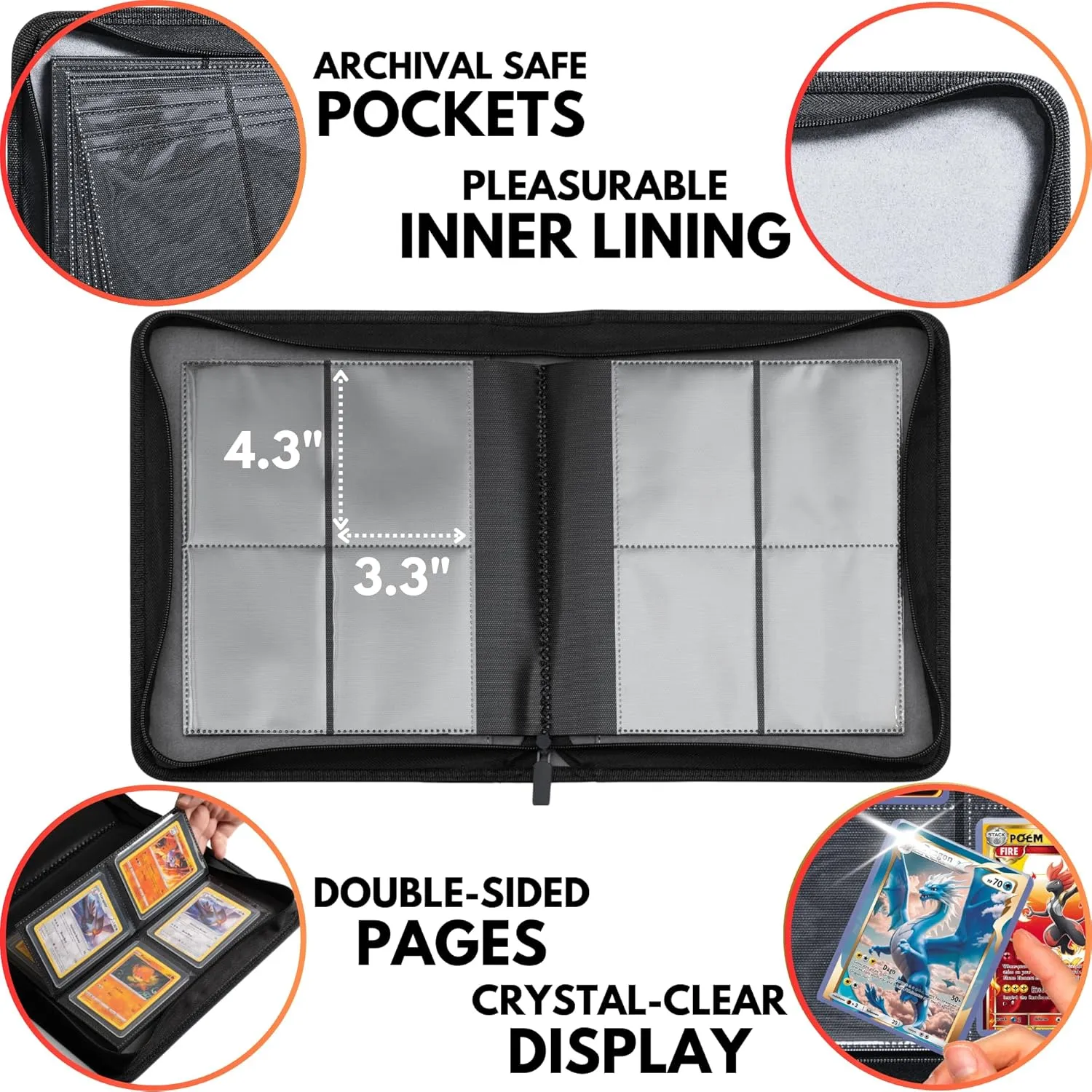 FORZAROCKET 4 Pocket Toploader Binder, Holds 112 Top Loaders, 8 INCLUDED, Waterproof PU Leather, Archival Safe Pockets, Compatible with Sports, Trading Cards in 3"x4" Toploaders (Lava Red)