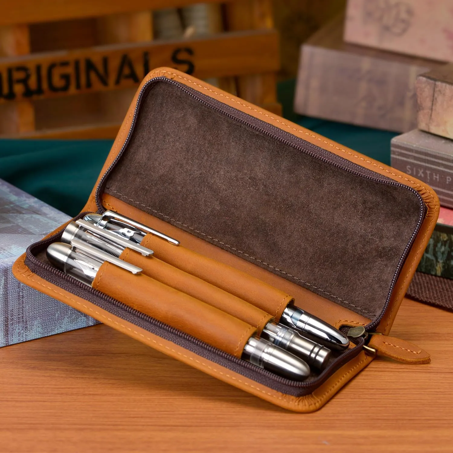 Fountain Pen Case 3 Divided Slots Crazy Horse Leather Pen Holder, Handmade Display Zippered Pouch for Rollerball Pen-Brown