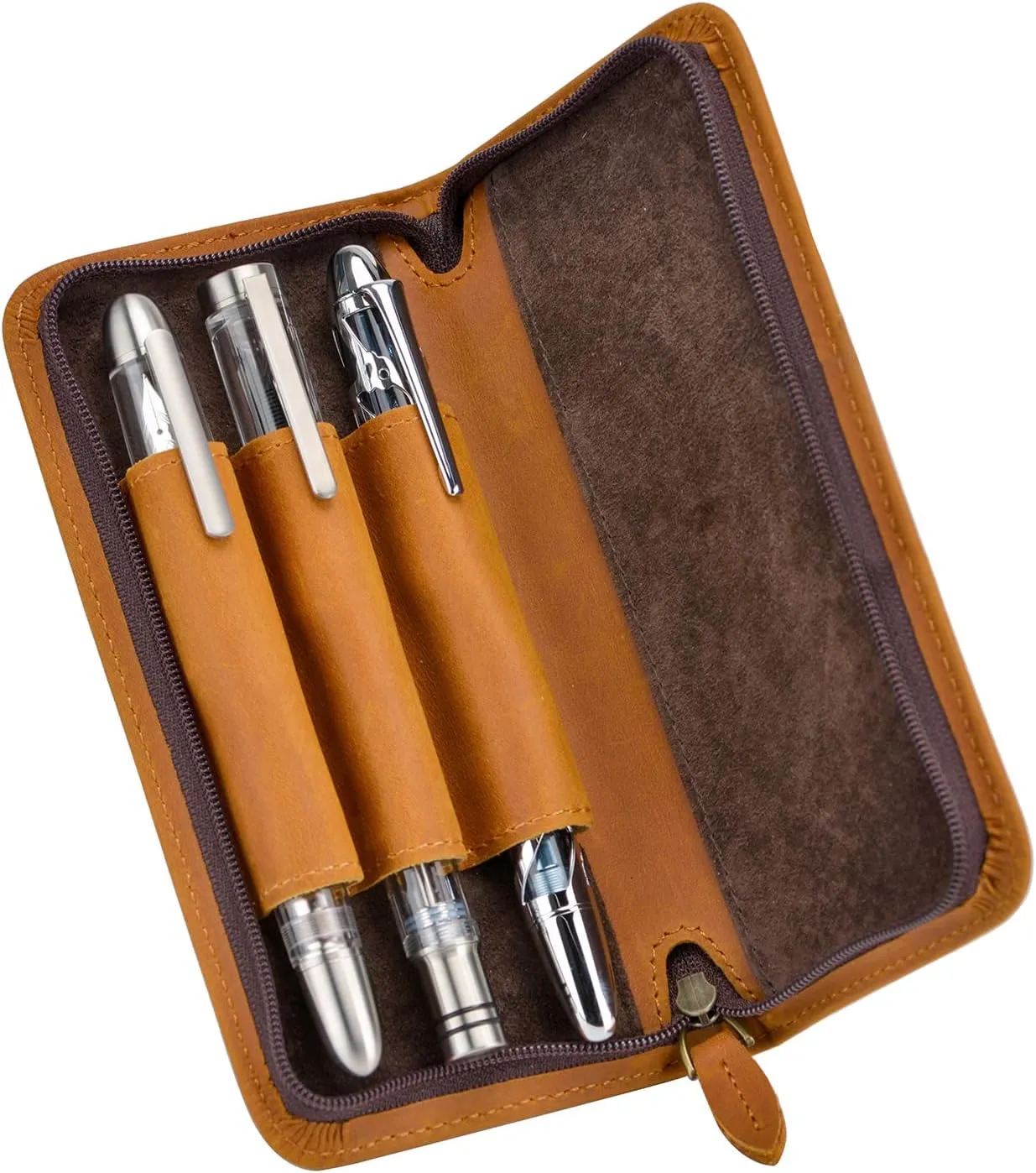 Fountain Pen Case 3 Divided Slots Crazy Horse Leather Pen Holder, Handmade Display Zippered Pouch for Rollerball Pen-Brown