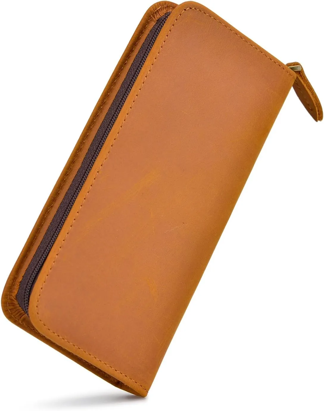 Fountain Pen Case 3 Divided Slots Crazy Horse Leather Pen Holder, Handmade Display Zippered Pouch for Rollerball Pen-Brown