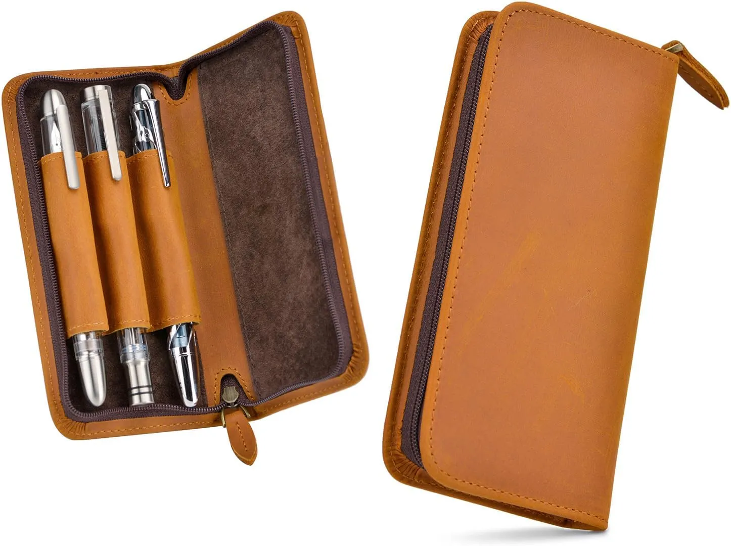 Fountain Pen Case 3 Divided Slots Crazy Horse Leather Pen Holder, Handmade Display Zippered Pouch for Rollerball Pen-Brown