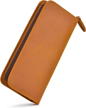 Fountain Pen Case 3 Divided Slots Crazy Horse Leather Pen Holder, Handmade Display Zippered Pouch for Rollerball Pen-Brown