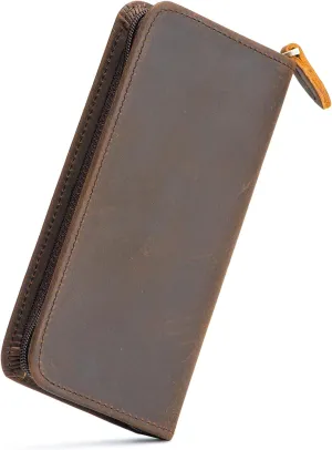 Fountain Pen Case 3 Divided Slots Crazy Horse Leather Pen Holder, Handmade Display Zippered Pouch for Rollerball Pen-Retro