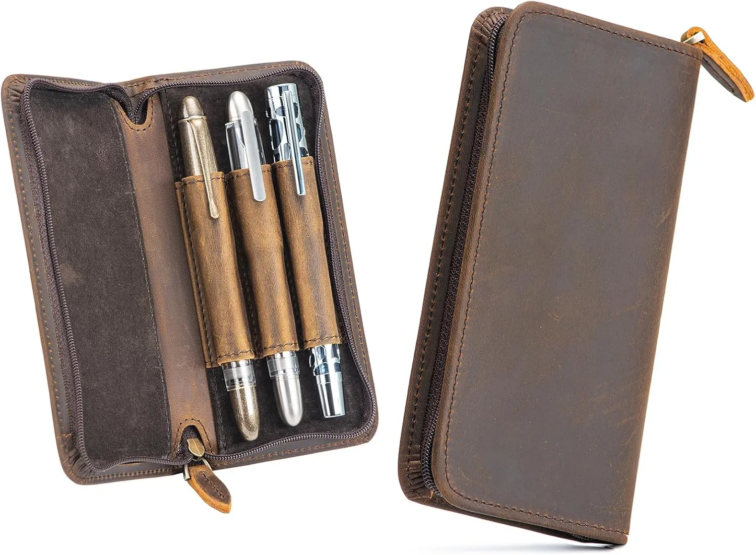 Fountain Pen Case 3 Divided Slots Crazy Horse Leather Pen Holder, Handmade Display Zippered Pouch for Rollerball Pen-Retro
