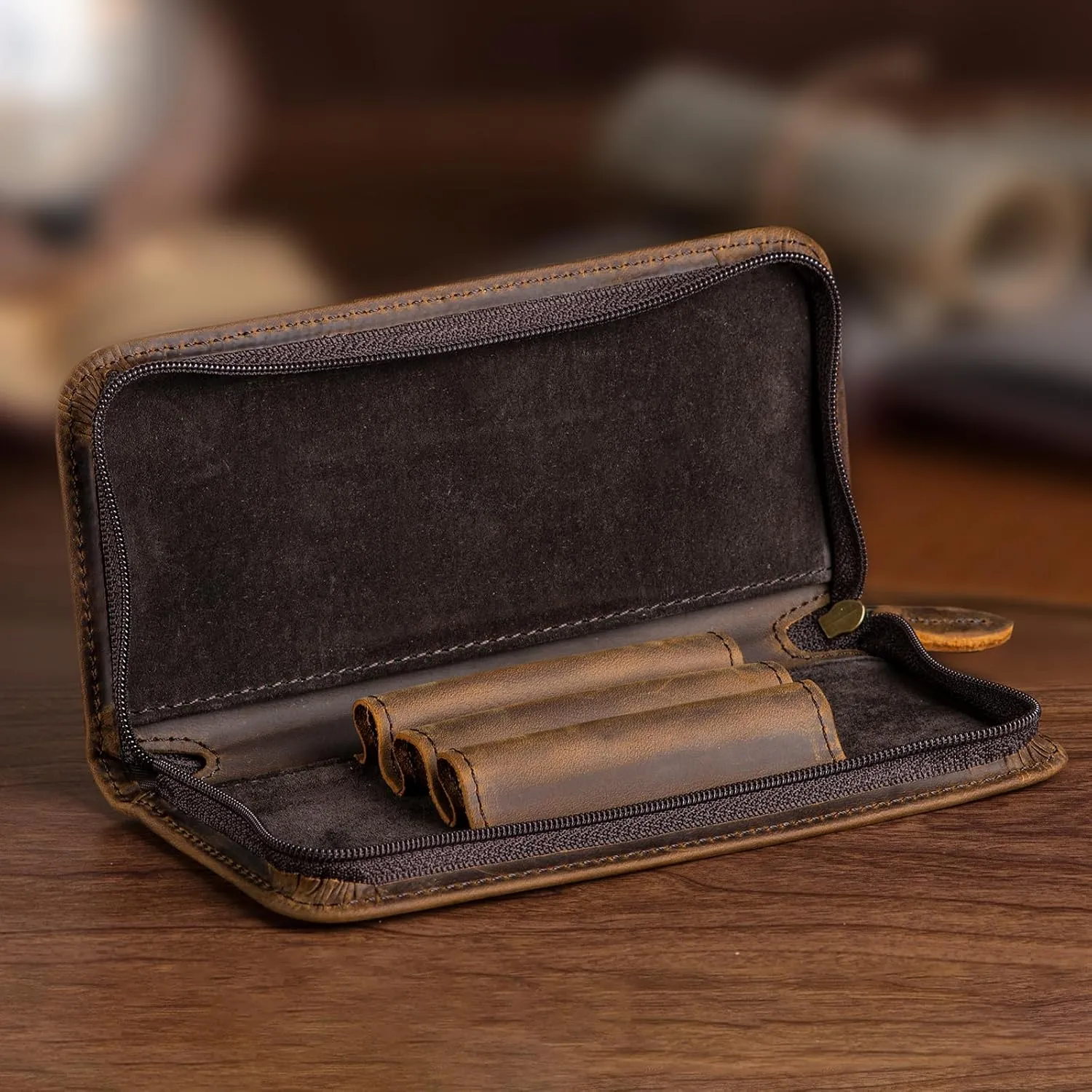 Fountain Pen Case 3 Divided Slots Crazy Horse Leather Pen Holder, Handmade Display Zippered Pouch for Rollerball Pen-Retro