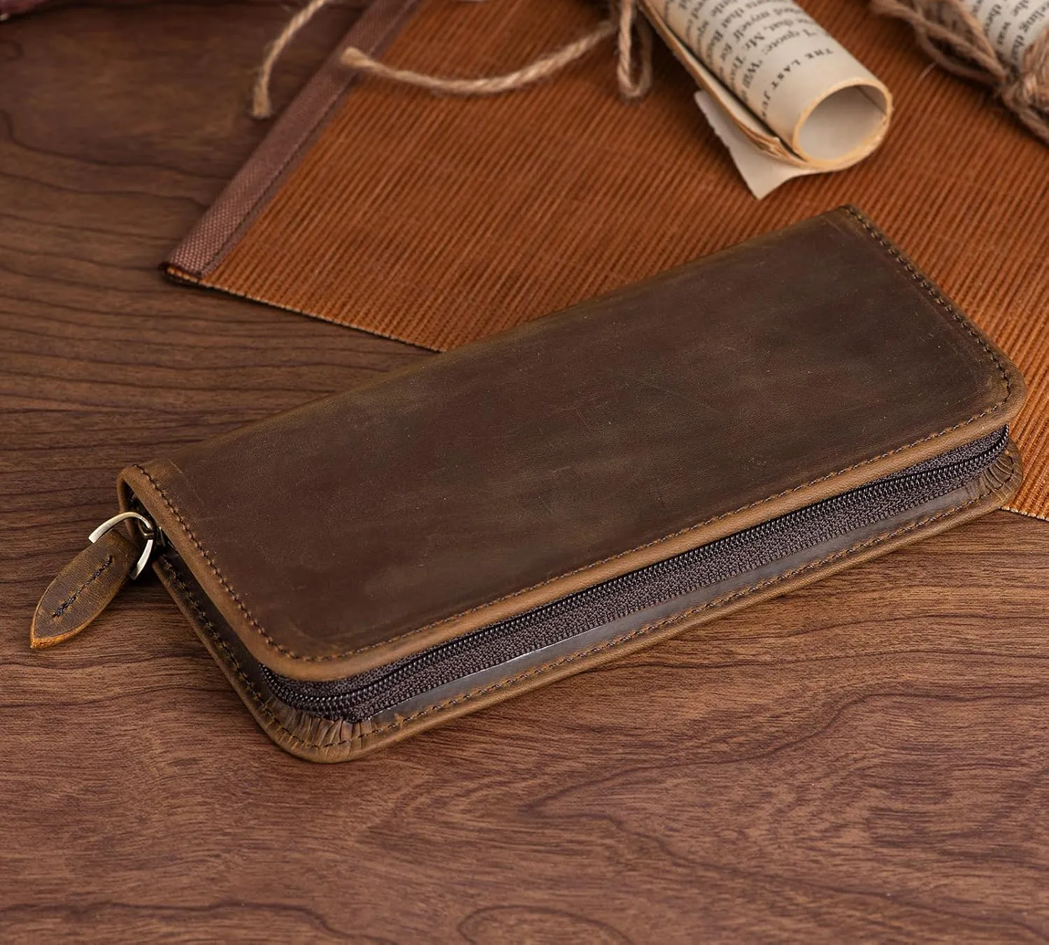 Fountain Pen Case 3 Divided Slots Crazy Horse Leather Pen Holder, Handmade Display Zippered Pouch for Rollerball Pen-Retro