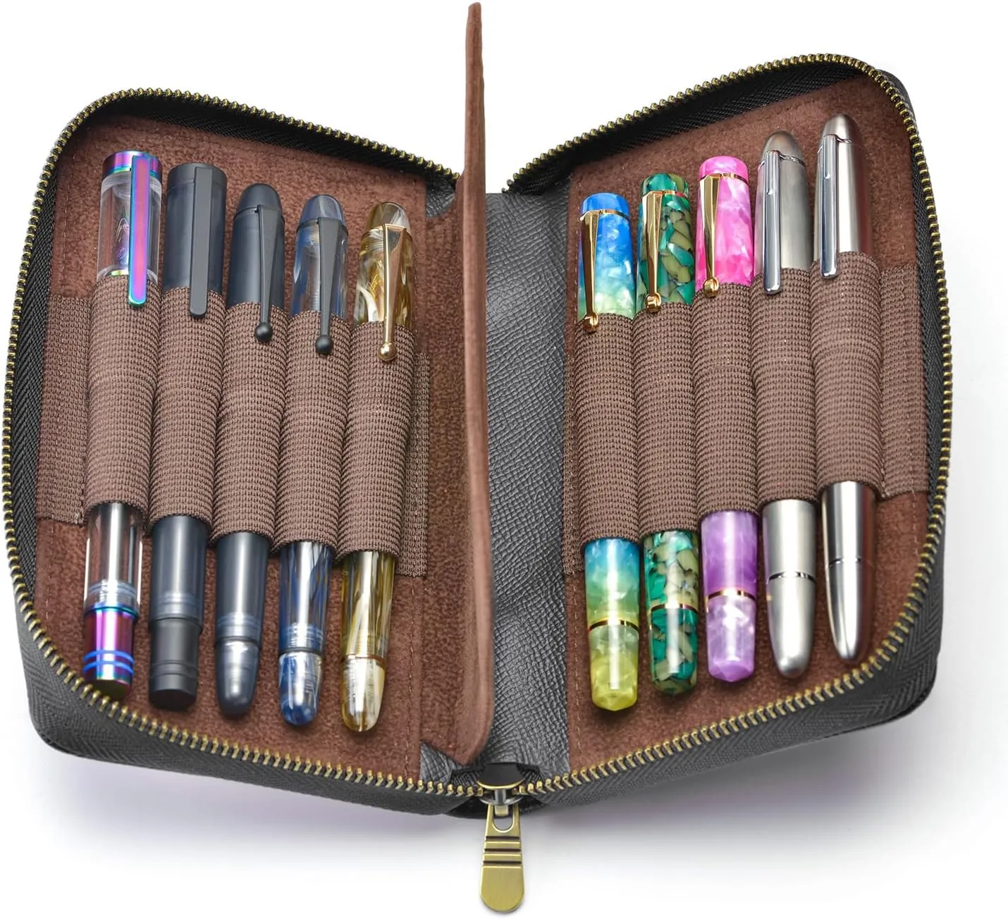 Fountain Pen Leather Pen Case 10 Divided Slots, Rollerball Pen Holder Handmade Display Organizer Zippered Pouch