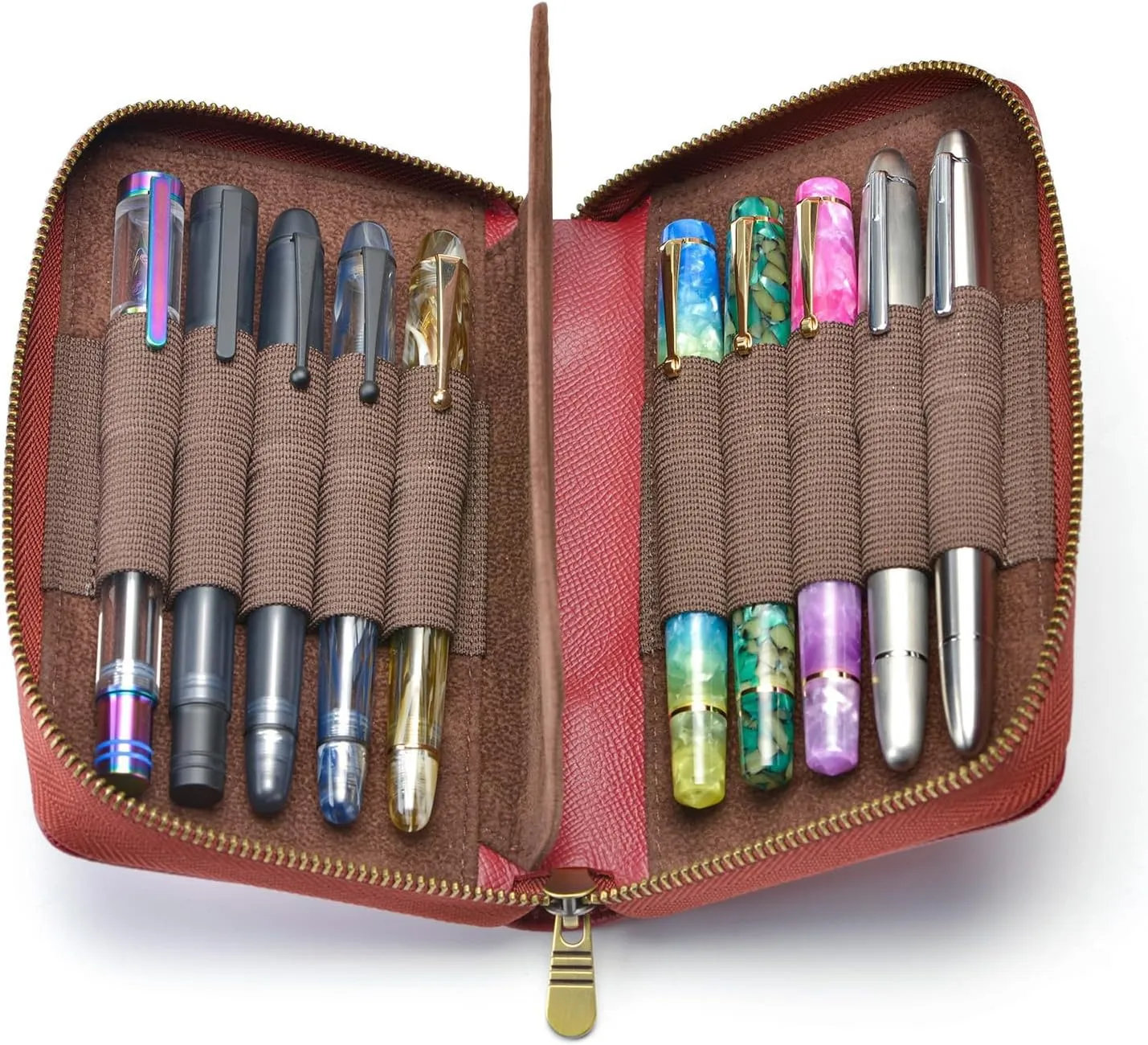 Fountain Pen Leather Pen Case 10 Divided Slots, Rollerball Pen Holder Handmade Display Organizer Zippered Pouch