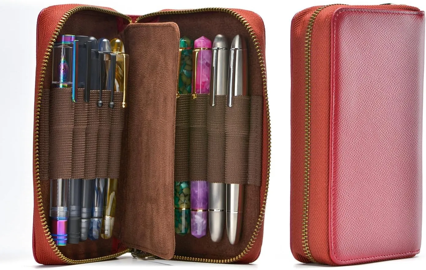 Fountain Pen Leather Pen Case 10 Divided Slots, Rollerball Pen Holder Handmade Display Organizer Zippered Pouch