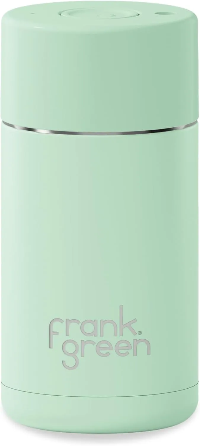 frank green - Ceramic Reusable Cup - Travel Coffee Mug, Stainless Steel Coffee Cup, Insulated Tumbler - Push Button Lid - 12oz - Mint Gelato