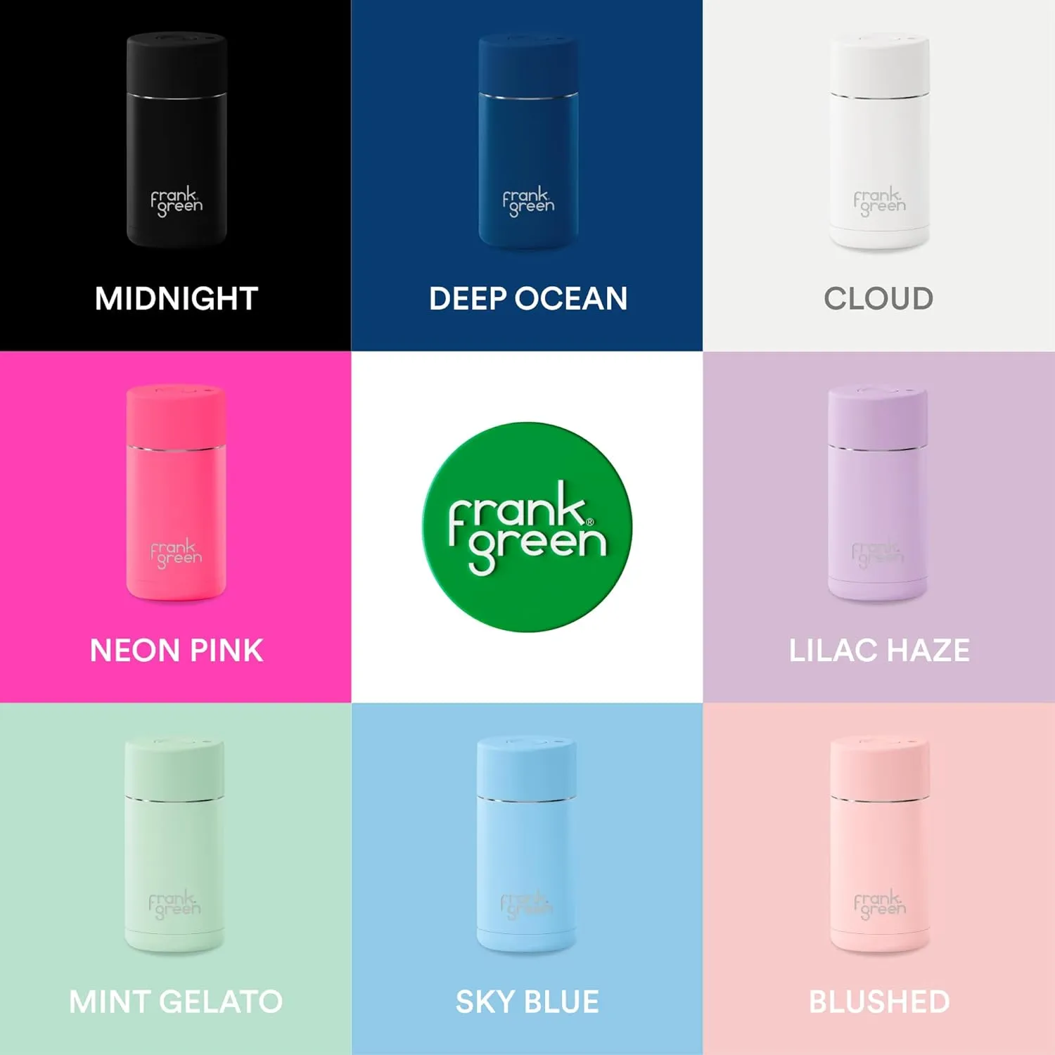 frank green - Ceramic Reusable Cup - Travel Coffee Mug, Stainless Steel Coffee Cup, Insulated Tumbler - Push Button Lid - 12oz - Mint Gelato