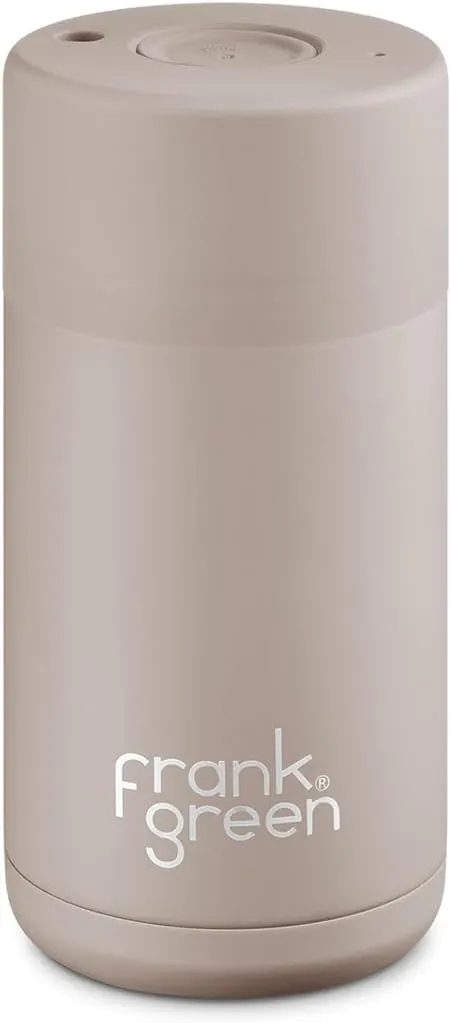 frank green - Ceramic Reusable Cup - Travel Coffee Mug, Stainless Steel Coffee Cup, Insulated Tumbler - Push Button Lid - 12oz - Moon Dust
