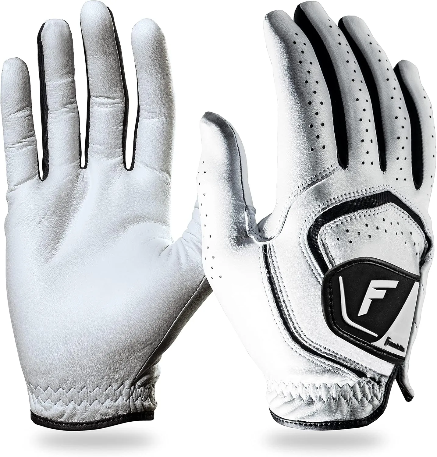 Franklin Sports Golf Glove - Pro Golf Gloves - Premium Leather Golfing Glove - Maximum Grip - White - Black
