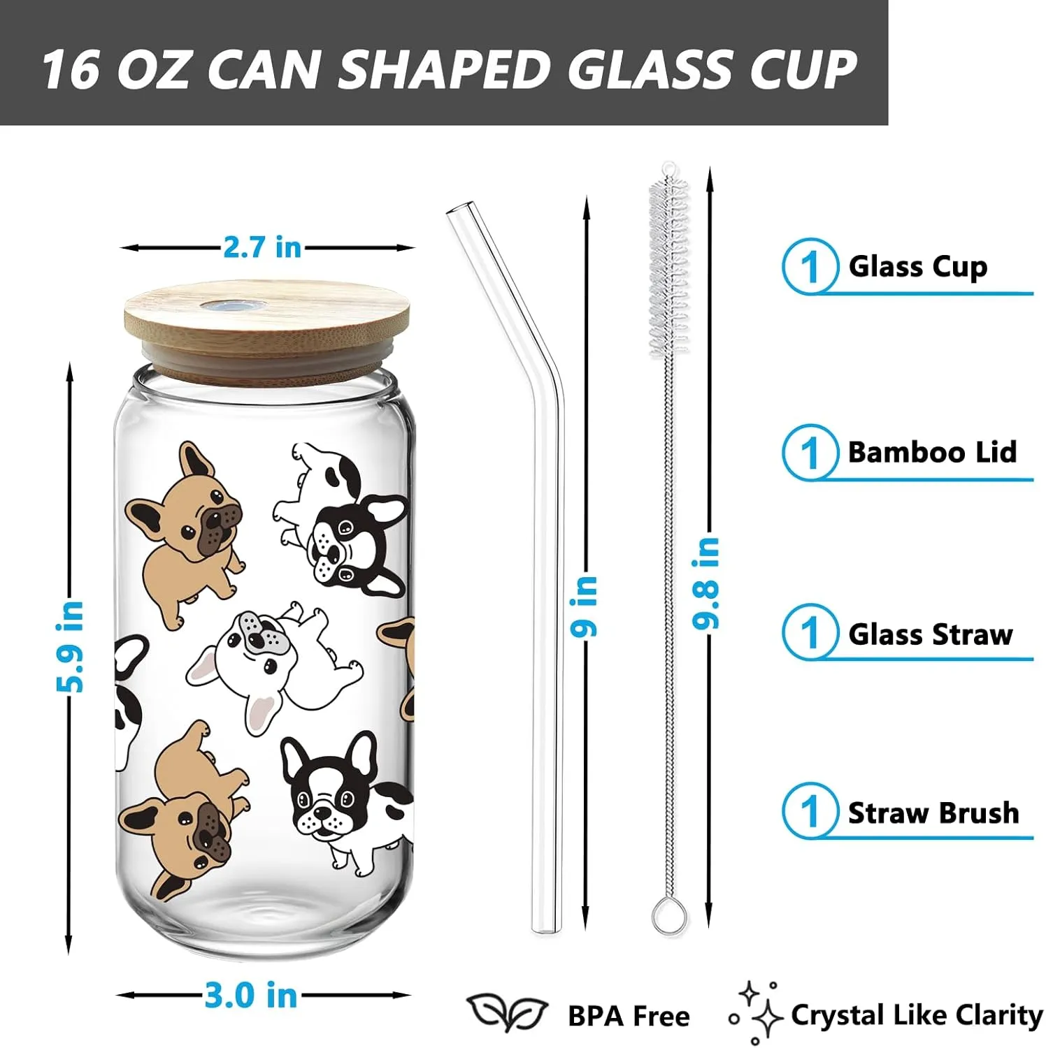 French Bulldog Drinking Glass Cup 16 Oz with Bamboo Lid and Straws, Iced Coffee Beer Cocktail Glass Tumbler, Holiday Christmas Birthday Gift for Dad Mom Sister Friends Bestie