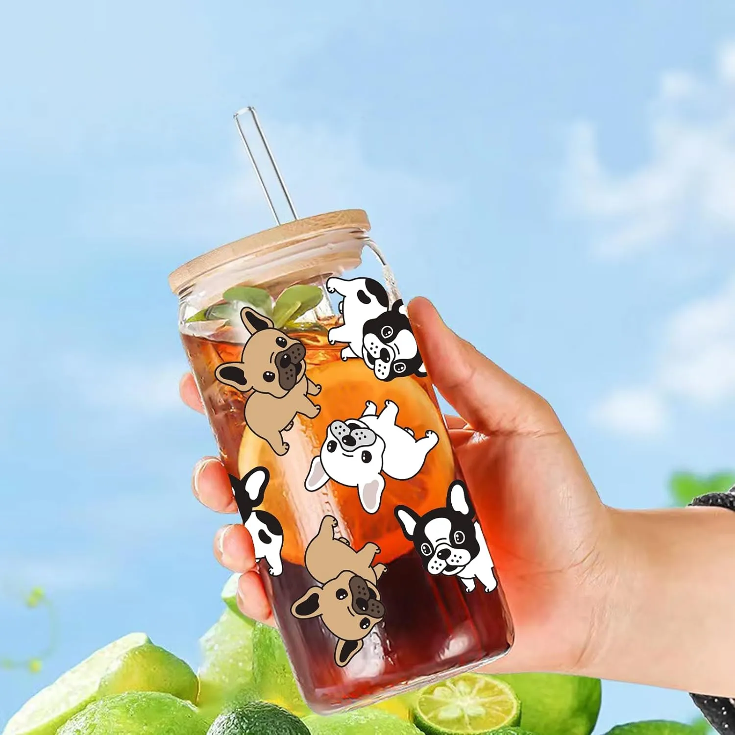 French Bulldog Drinking Glass Cup 16 Oz with Bamboo Lid and Straws, Iced Coffee Beer Cocktail Glass Tumbler, Holiday Christmas Birthday Gift for Dad Mom Sister Friends Bestie
