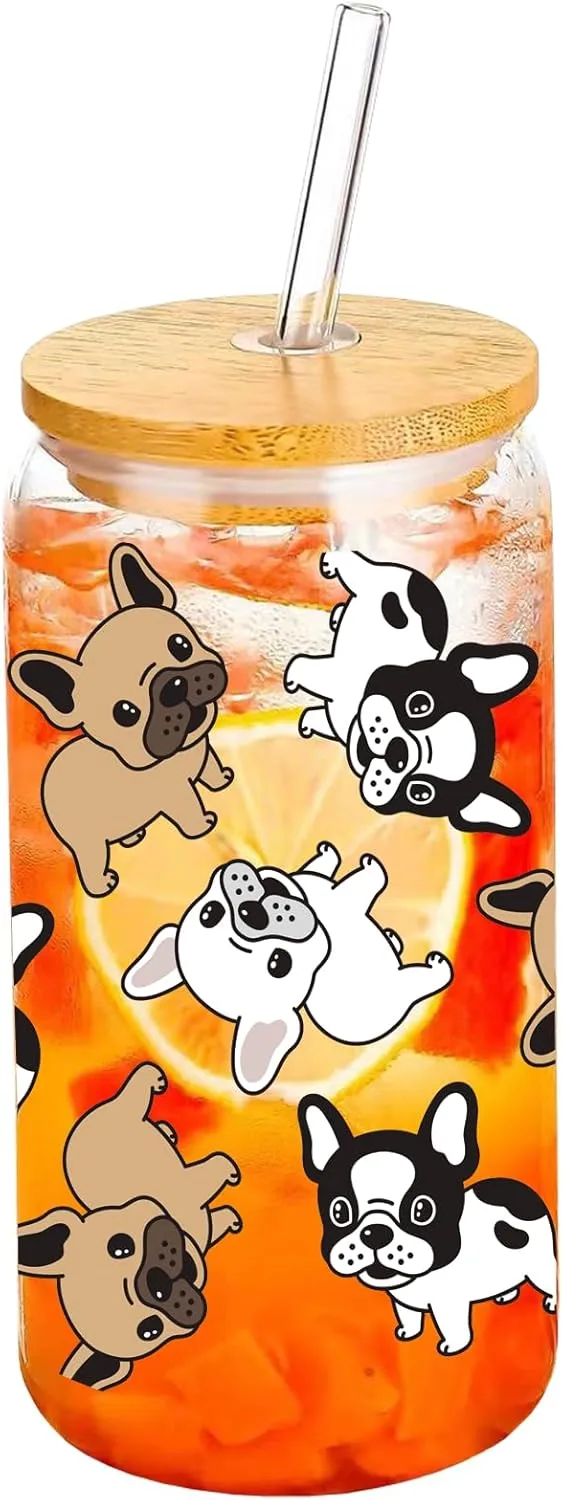 French Bulldog Drinking Glass Cup 16 Oz with Bamboo Lid and Straws, Iced Coffee Beer Cocktail Glass Tumbler, Holiday Christmas Birthday Gift for Dad Mom Sister Friends Bestie