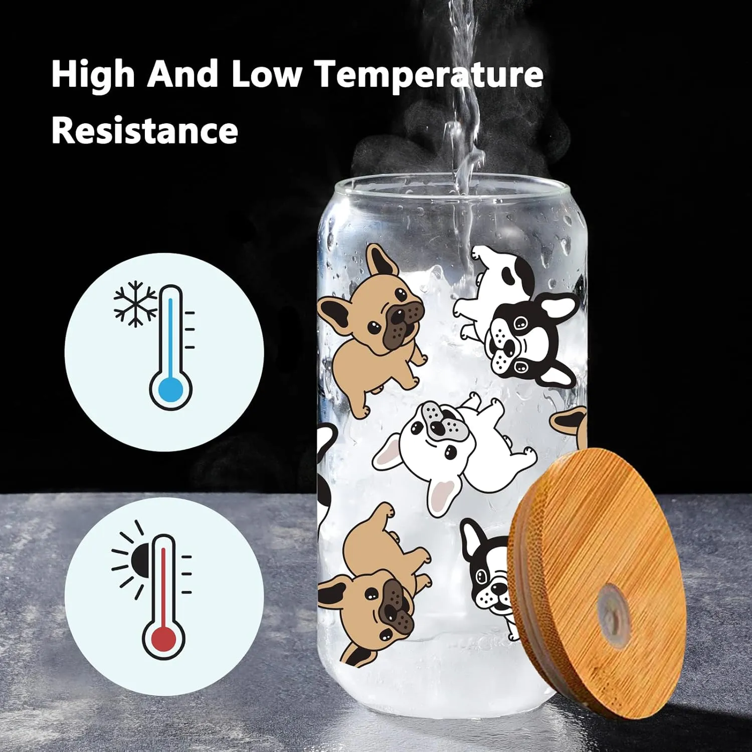 French Bulldog Drinking Glass Cup 16 Oz with Bamboo Lid and Straws, Iced Coffee Beer Cocktail Glass Tumbler, Holiday Christmas Birthday Gift for Dad Mom Sister Friends Bestie