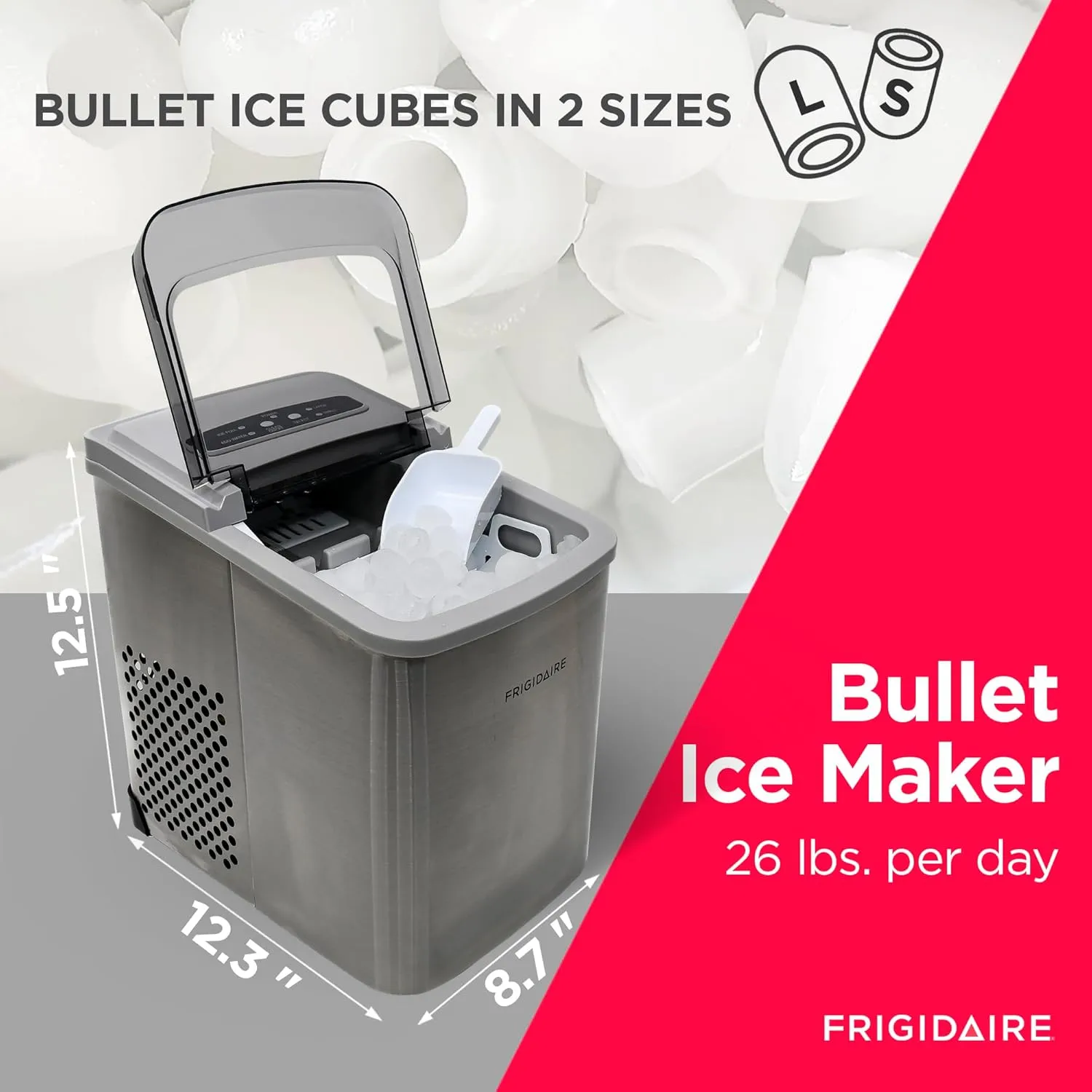 Frigidaire 26 Lbs per Day Portable Compact Maker, Ice Making Machine, Stainless, Medium