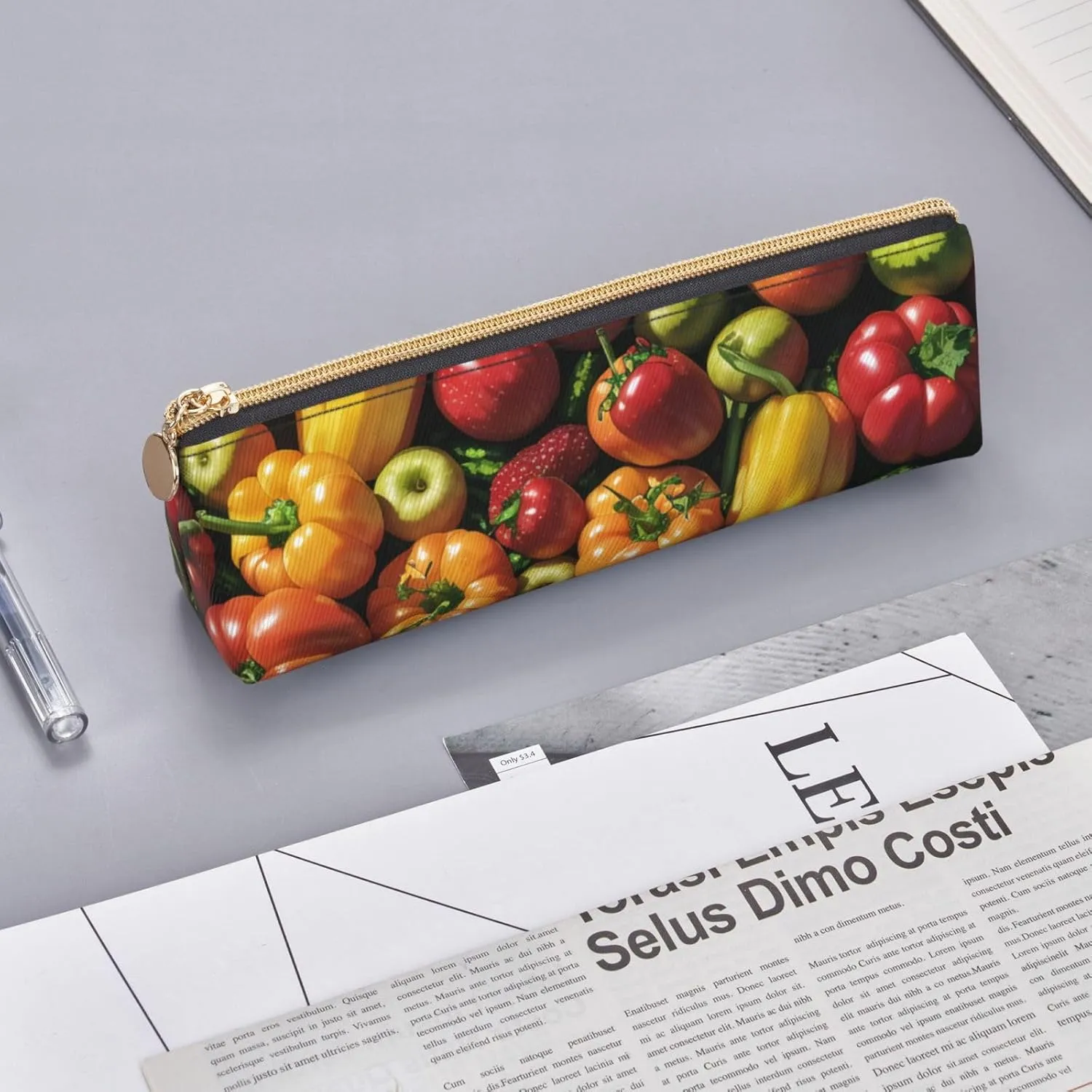 Fruit And Vegetables Pen Case Small Pencil Bag Triangle Pu Leather Pen Pouch Pen Bag Storage Bag With Zipper