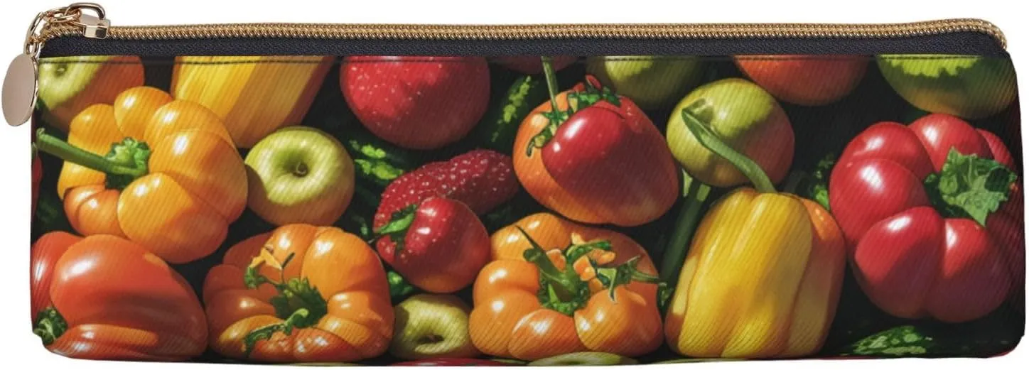 Fruit And Vegetables Pen Case Small Pencil Bag Triangle Pu Leather Pen Pouch Pen Bag Storage Bag With Zipper