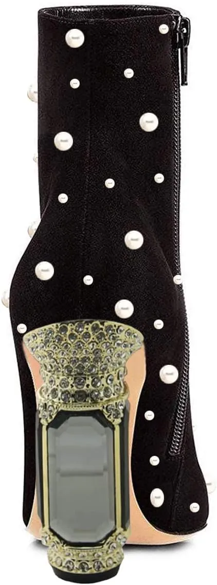 FSJ Women Chic Pointed Toe Crystal Chunky Block High Heel Ankle Boots Glossy Side Zipper Casual Daily Fashion Ladies Shoes Size 4-15 US