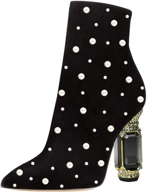 FSJ Women Chic Pointed Toe Crystal Chunky Block High Heel Ankle Boots Glossy Side Zipper Casual Daily Fashion Ladies Shoes Size 4-15 US