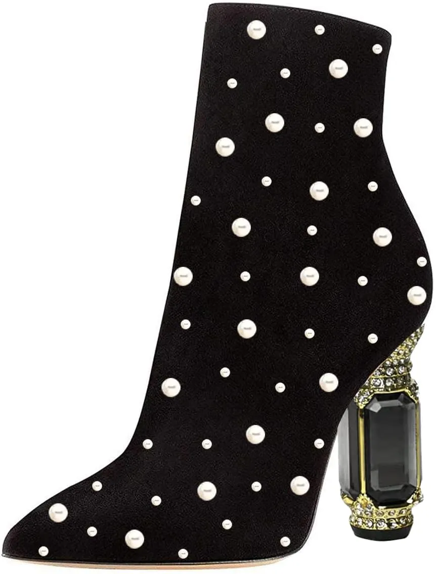 FSJ Women Chic Pointed Toe Crystal Chunky Block High Heel Ankle Boots Glossy Side Zipper Casual Daily Fashion Ladies Shoes Size 4-15 US