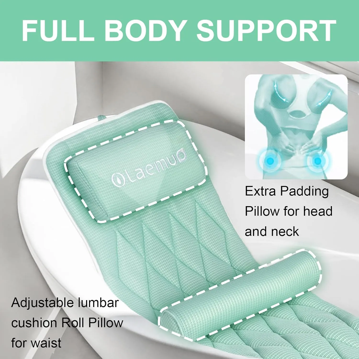Full Body Bath Pillow Bathtub Pillows-Removable Lumbar Cushion with 17 Non-Slip Suction Cups 4D Air Mesh Fit Any Tub Luxury Bathroom Accessories-Green