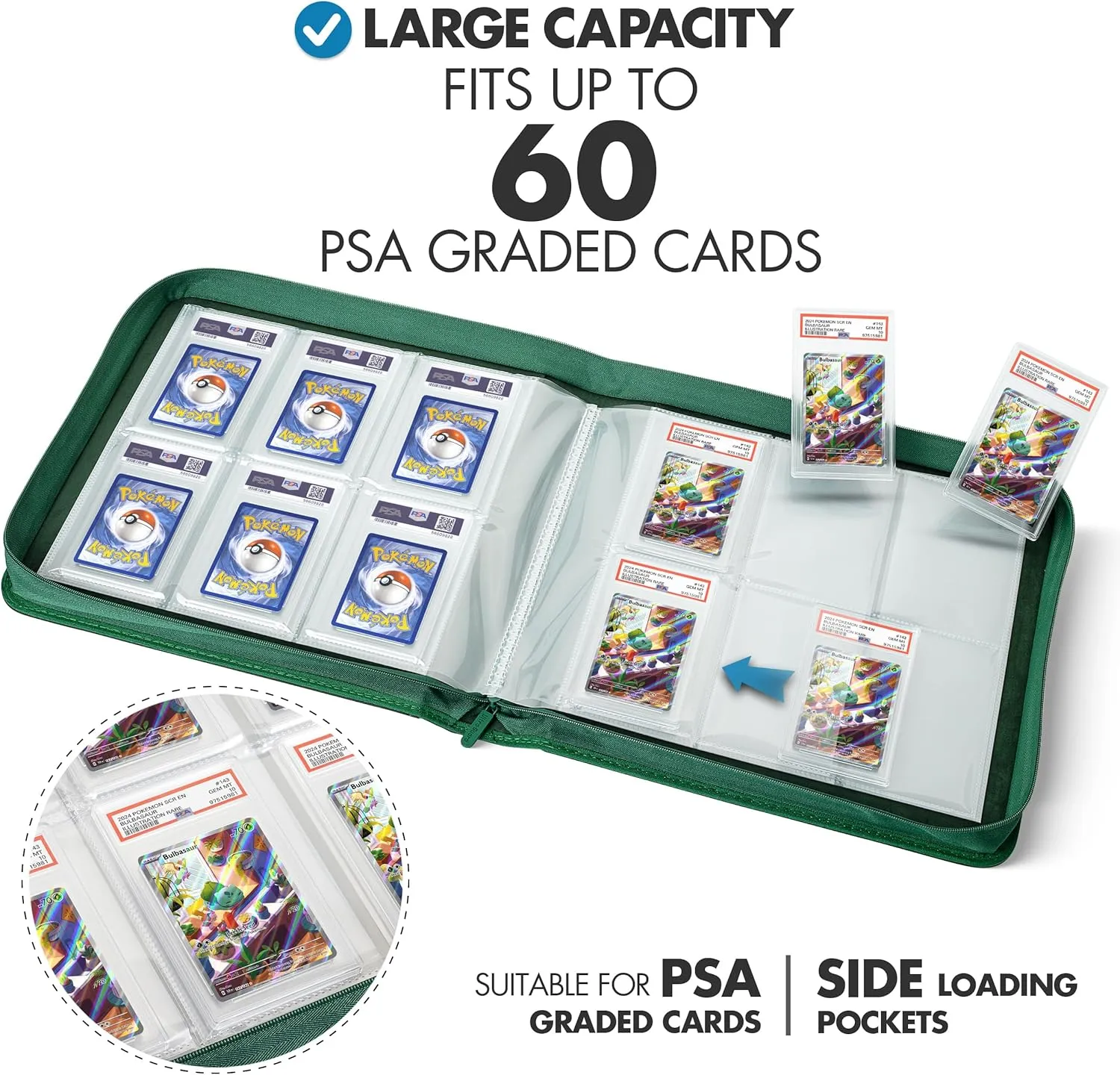 FunGuys Graded Card Binder, 60 PSA Slab Holder, 6 Pocket Graded Card Storage, Slab Binder, PSA Card Graded Display Case Album, Zipper, MTG Card Collection Binder
