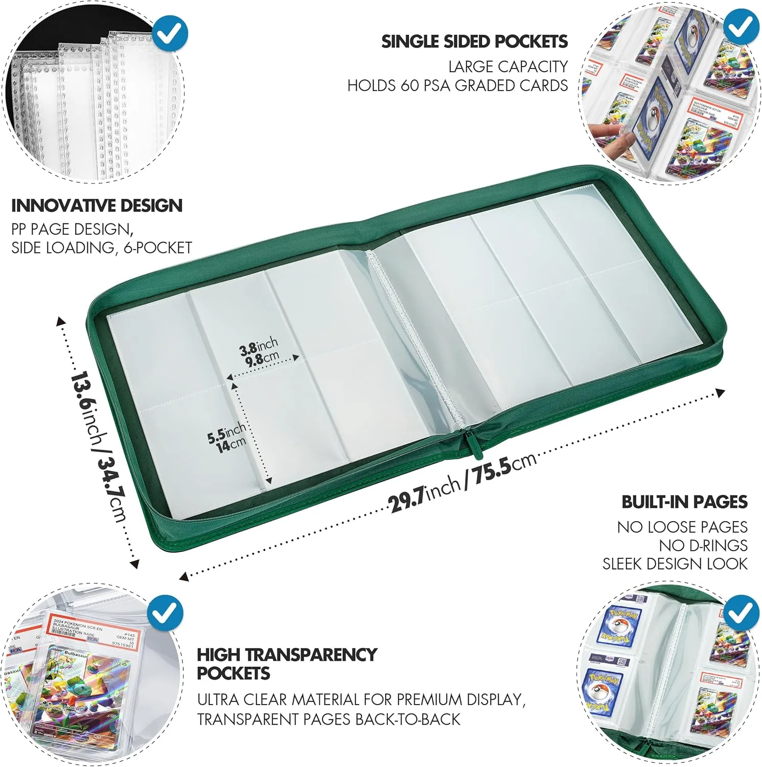 FunGuys Graded Card Binder, 60 PSA Slab Holder, 6 Pocket Graded Card Storage, Slab Binder, PSA Card Graded Display Case Album, Zipper, MTG Card Collection Binder