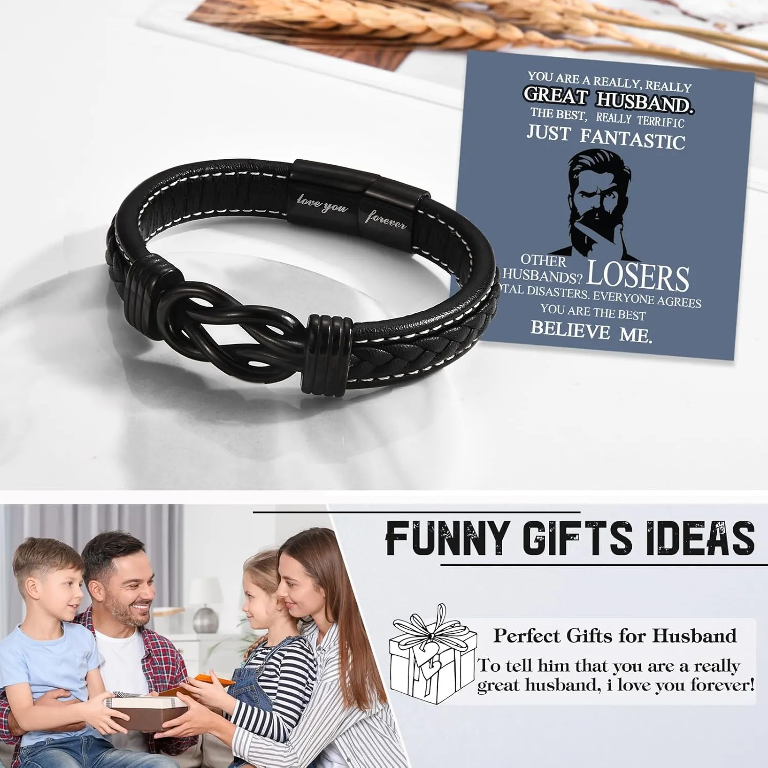 Funny Gifts for Dad Husband Grandpa Step Dad Father in Law, Father Day Birthday Christmas Valentines Day Easter Gifts Ideas, "Love You Forever" Knot Infinity Braided Leather Bracelet for Him Men