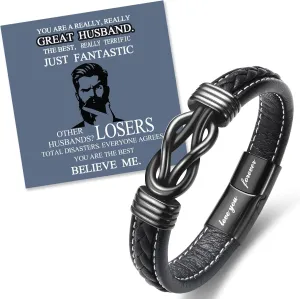 Funny Gifts for Dad Husband Grandpa Step Dad Father in Law, Father Day Birthday Christmas Valentines Day Easter Gifts Ideas, "Love You Forever" Knot Infinity Braided Leather Bracelet for Him Men