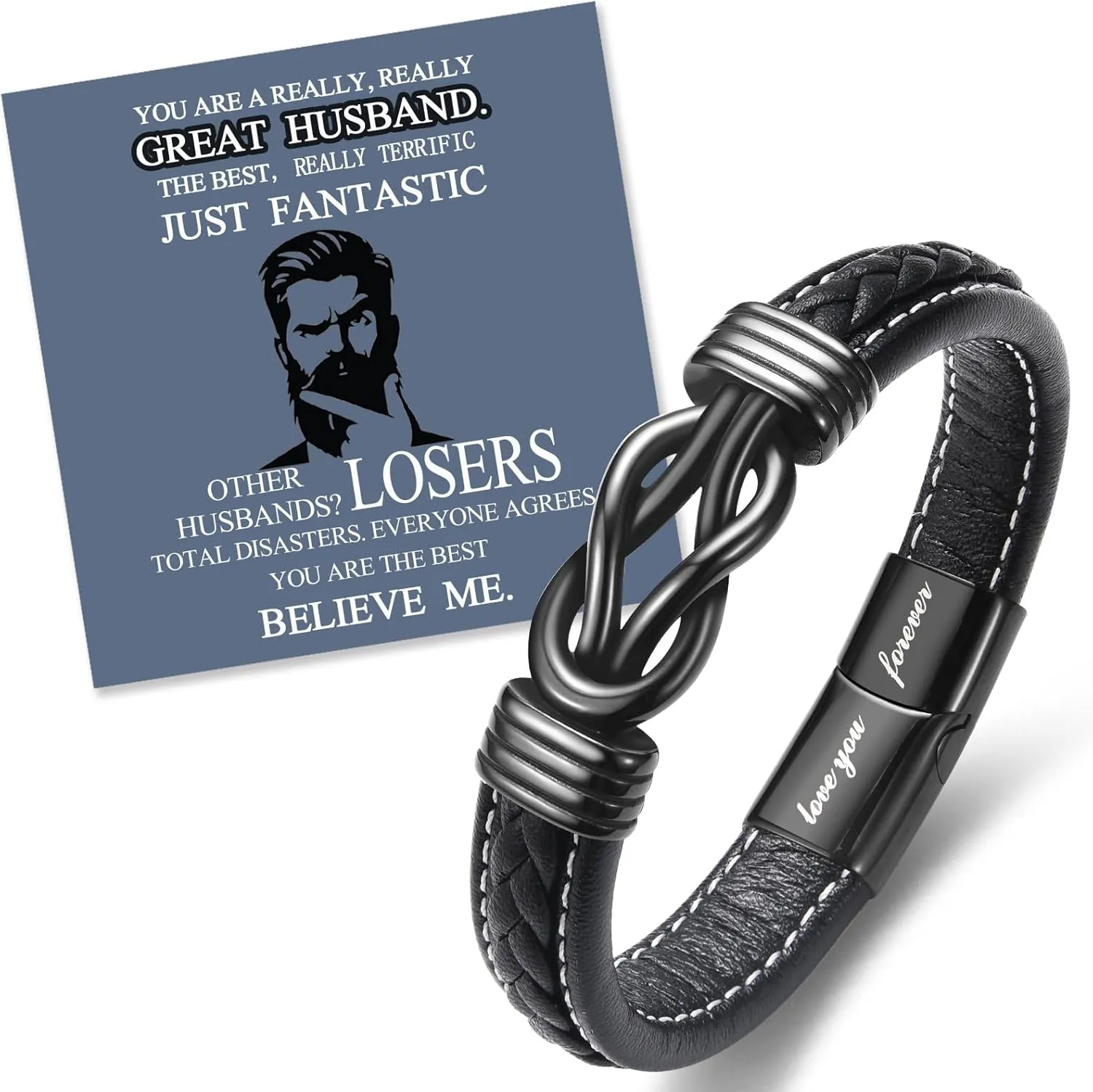Funny Gifts for Dad Husband Grandpa Step Dad Father in Law, Father Day Birthday Christmas Valentines Day Easter Gifts Ideas, "Love You Forever" Knot Infinity Braided Leather Bracelet for Him Men