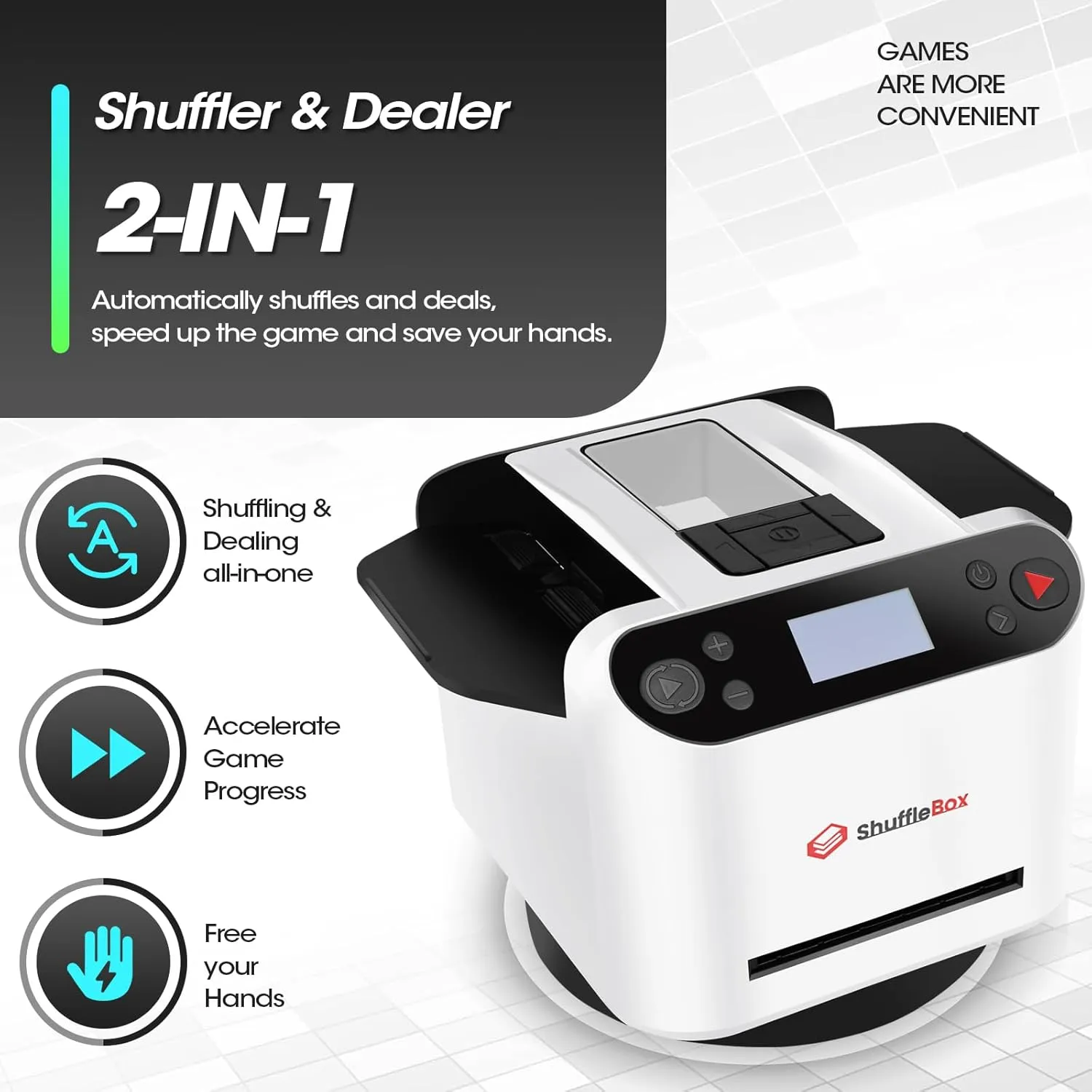 G1 Pro 2025 Version Automatic Card Shuffler and Dealer 2-in-1 for 12 Players, Ultra Quiet, Rechargeable, Remote Card Calling, for Board Games and Poker Games (White)