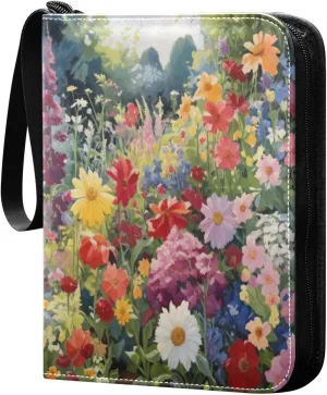 Garden Colorful Flowers Card Binder 4-Pocket, 400 Pockets PU Waterproof Zippered Collector Card Album with 50 Removable Sleeves for Trading, Game Cards