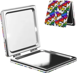 Gay Pride Rainbow Colored Hearts Women Small Pocket Mirror Travel Cosmetic Mirror Folding Handheld Makeup Mirror