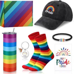 Geiserailie 7pcs Rainbow Pride Flag Gift Set Gay Pride Lgbtq Lesbian Pansexual Stuff Rainbow Striped Tumbler Socks Hat Bracelet Keychain with Box for Lgbt Awareness Month Gifts for Women Men