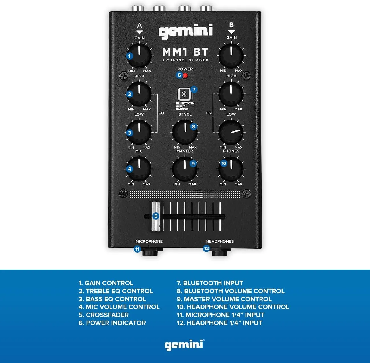 Gemini Portable Bluetooth DJ Mixer – 2-Channel Mini Audio Mixer with Wireless Input, RCA, Mic & Headphone Jacks, EQ & Crossfader – Compact DJ Mixer Board for Beginners & Mobile DJs