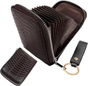 Genuine Leather 11 Card Slots Minimalist Zipper Accordion Purse with Key Ring Strap, Snake Pattern Colorful Slim Multi Pockets Zip Around Wallet, Compact Card Organizer (Brown)