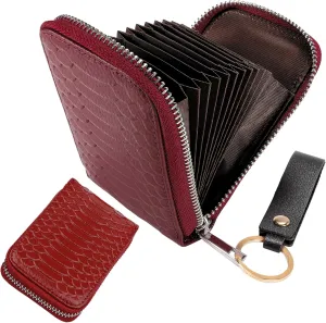 Genuine Leather 11 Card Slots Minimalist Zipper Accordion Purse with Key Ring Strap, Snake Pattern Colorful Slim Multi Pockets Zip Around Wallet, Compact Card Organizer (Red)