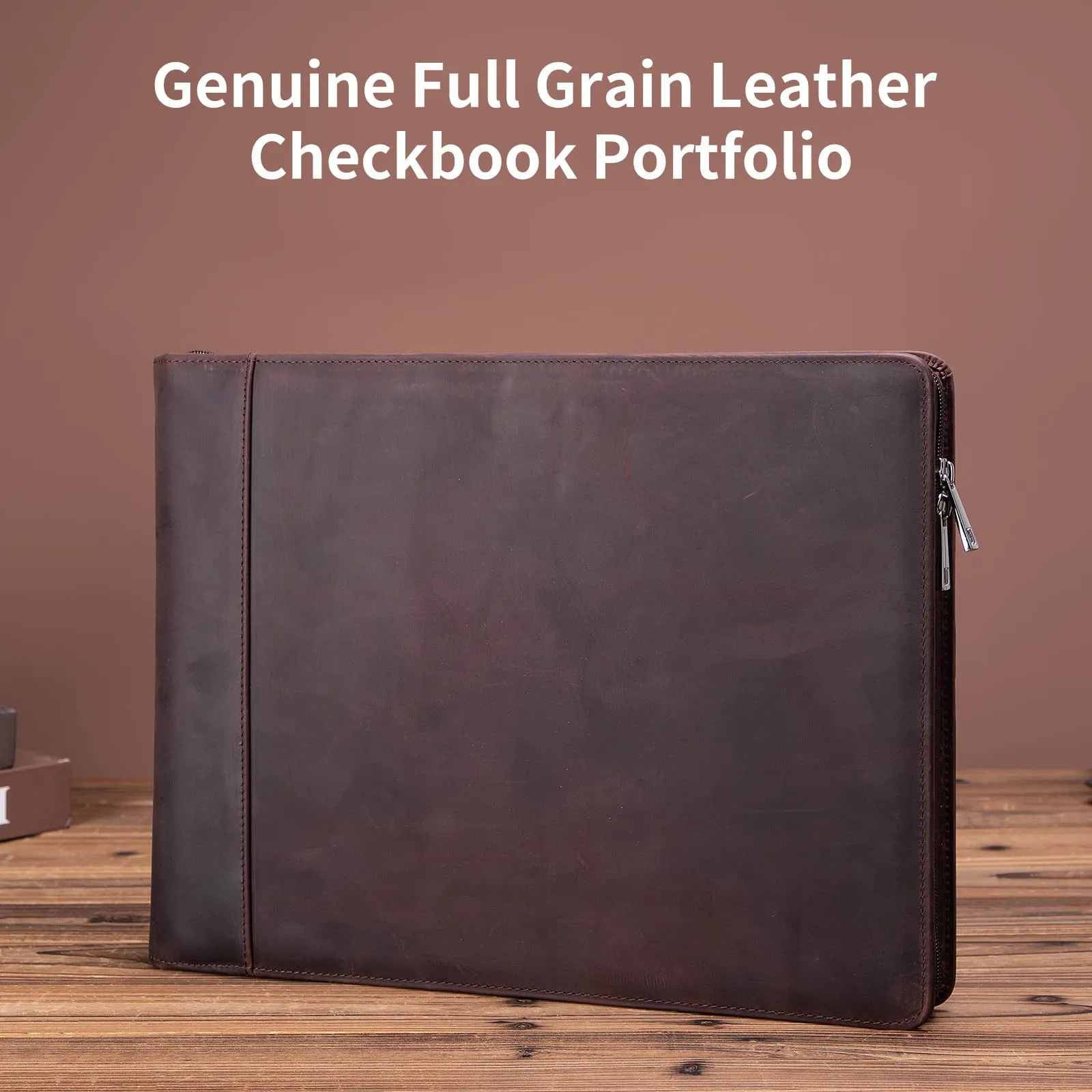 Genuine Leather 7 Ring Check Binder,Business Checkbook Holder 9 x 13” Dark Brown