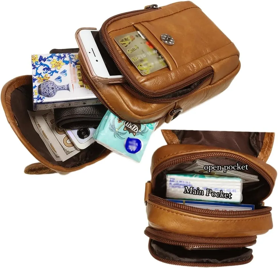 Genuine Leather Formal Waist Bag with Belt Loop for Men Small Shoulder Crossbody Pouch for Travel Outdoor Brown