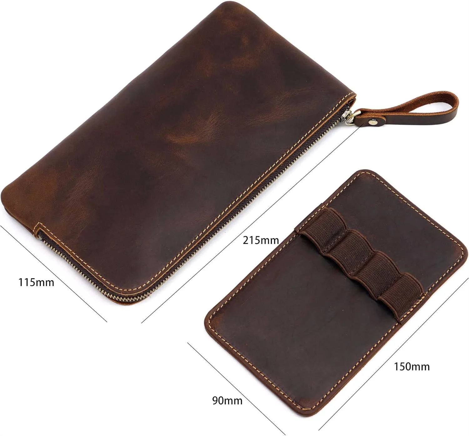 Genuine leather large capacity pencil case. Zip Pouch, Accessories holder, Stationery Bag, Retro handmade artwork. (Coffee)