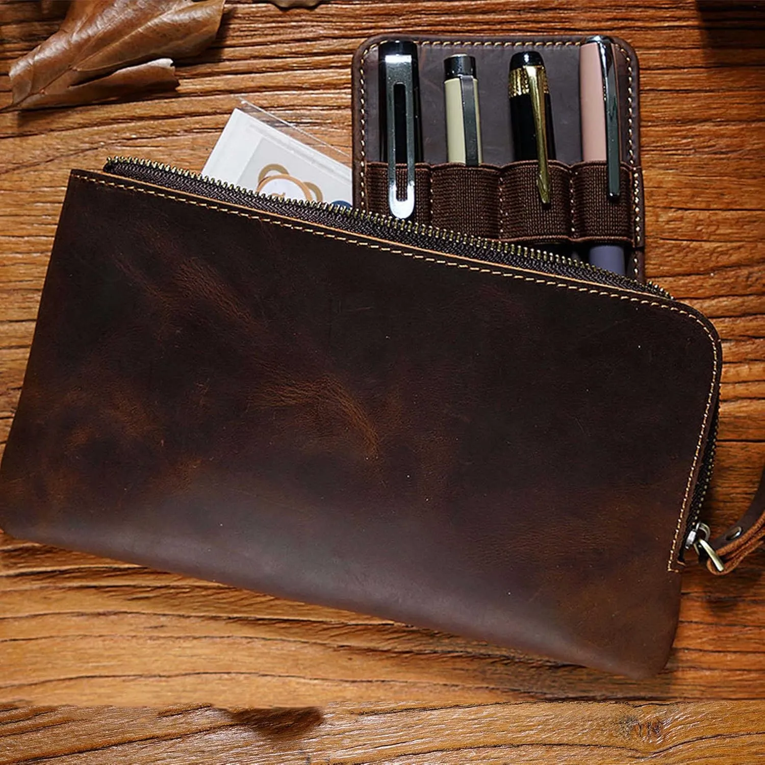 Genuine leather large capacity pencil case. Zip Pouch, Accessories holder, Stationery Bag, Retro handmade artwork. (Coffee)