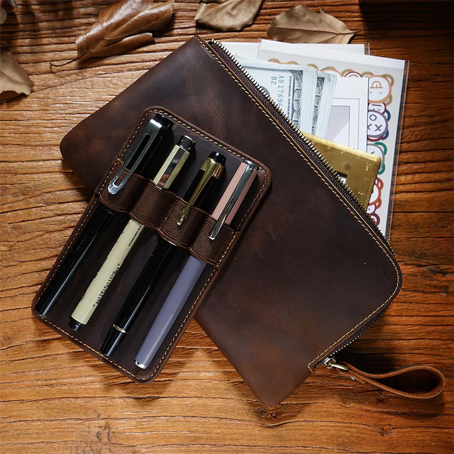 Genuine leather large capacity pencil case. Zip Pouch, Accessories holder, Stationery Bag, Retro handmade artwork. (Coffee)