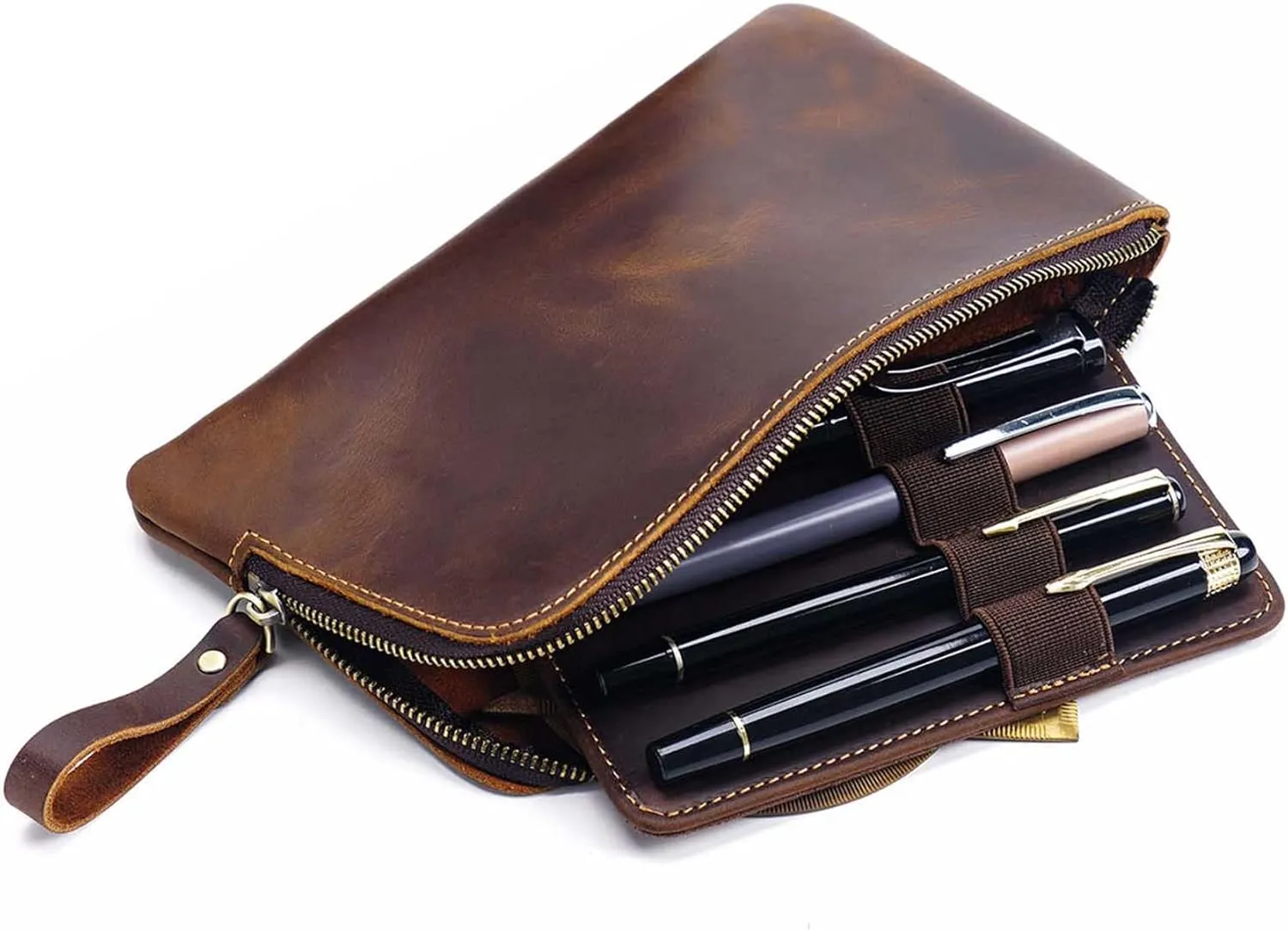 Genuine leather large capacity pencil case. Zip Pouch, Accessories holder, Stationery Bag, Retro handmade artwork. (Coffee)