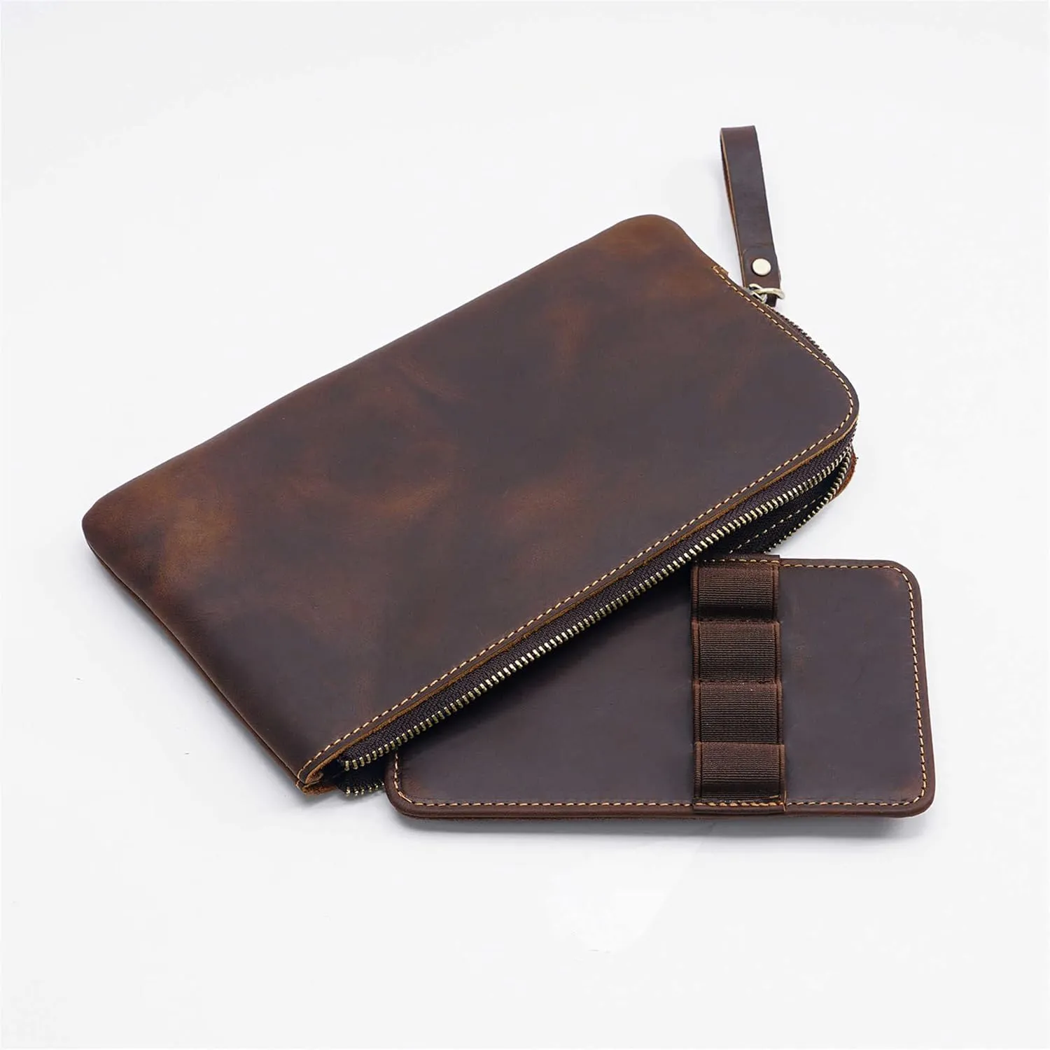 Genuine leather large capacity pencil case. Zip Pouch, Accessories holder, Stationery Bag, Retro handmade artwork. (Coffee)