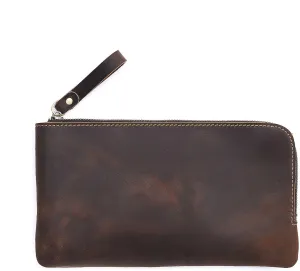 Genuine leather large capacity pencil case. Zip Pouch, Accessories holder, Stationery Bag, Retro handmade artwork. (Coffee)