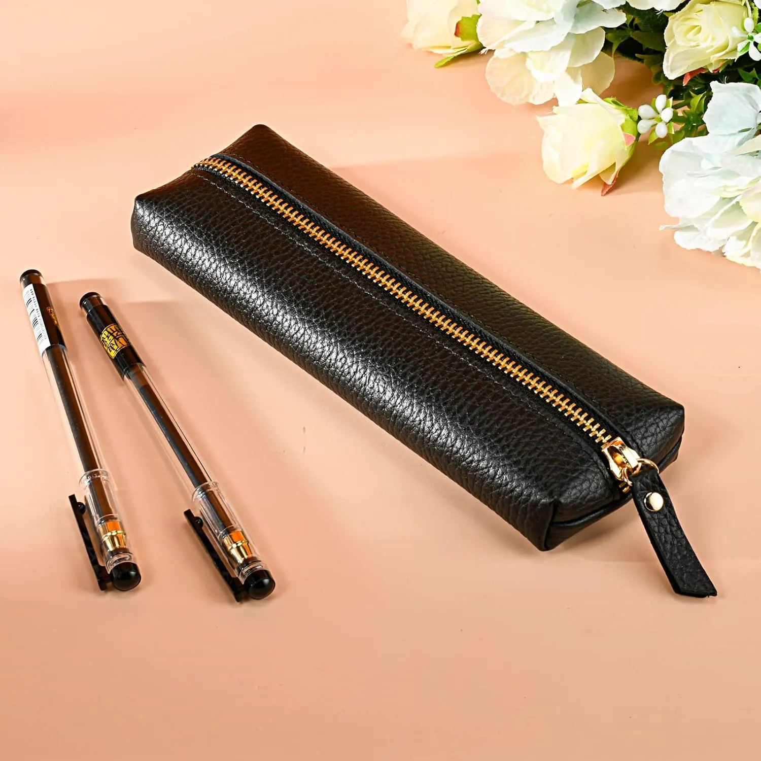 Genuine leather pen case, Cowhide pencil pouch with zipper, Soft black pen bag for adults.